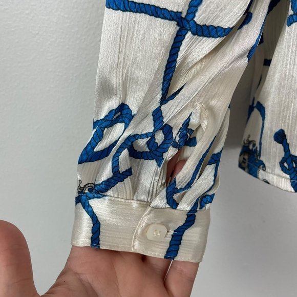 VTG Oscar de la Renta Expressions Woman's Sz 10 White & Blue Rope Satin Blouse - Picture 4 of 9